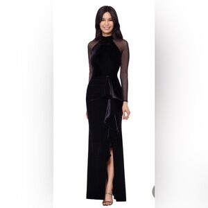 Betsy & Adam Women's Long Velvet Illusion Sleeve Mock Neck Ruched Gown, NWT